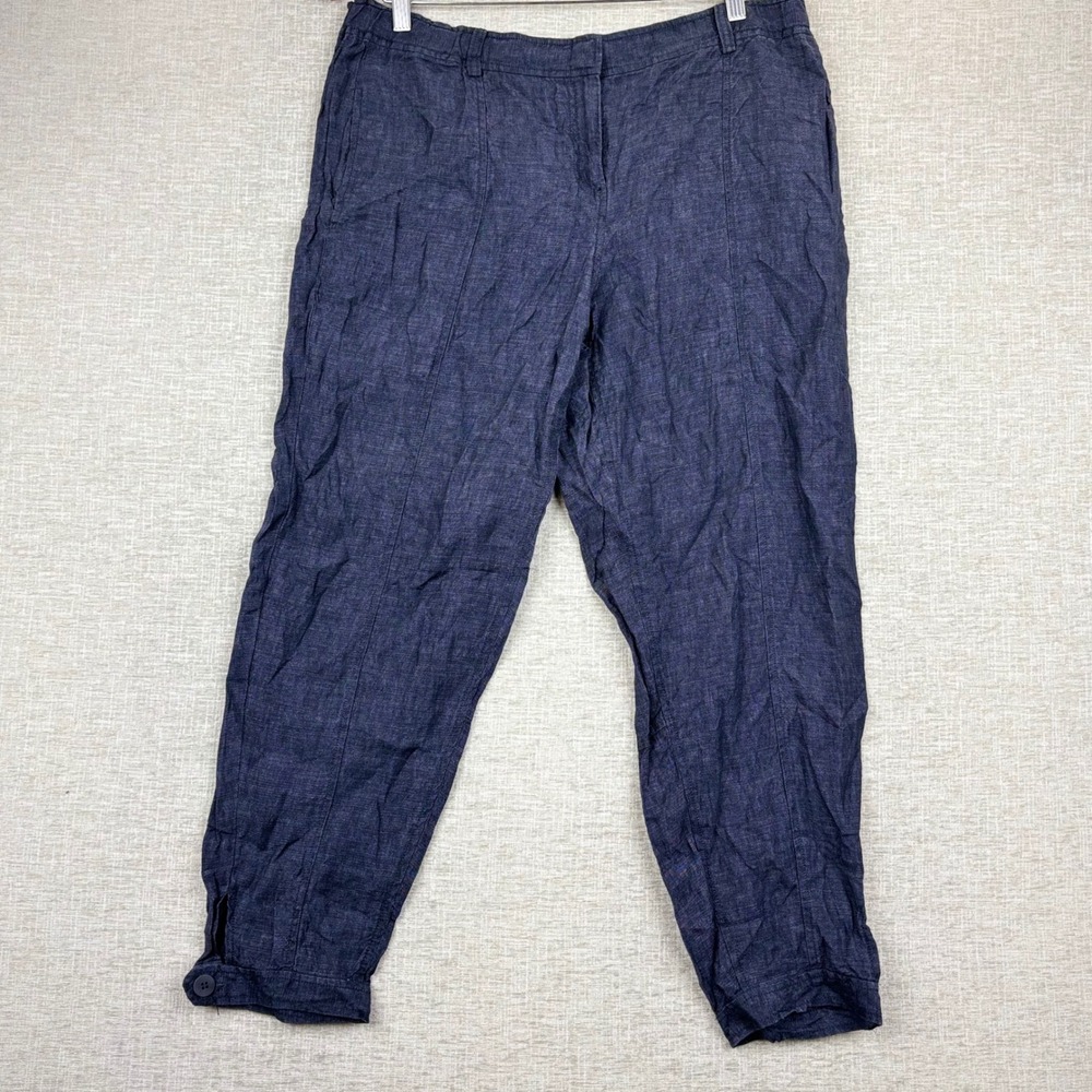 Eileen Fisher Womens Large Blue Linen Tapered Ankle Pants Elastic Back Waist